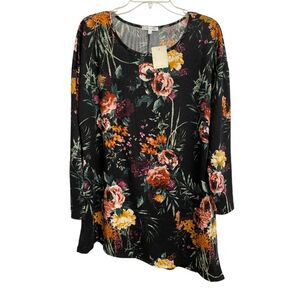 NWT Ava James Women's Floral Blouse Tunic Sz 1X Asymmetrical Hem Artsy Office